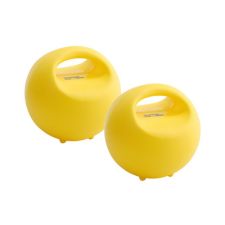 Adjustable weight kettlebells that are yellow, with a handle, and filled with water for stability and core exercises