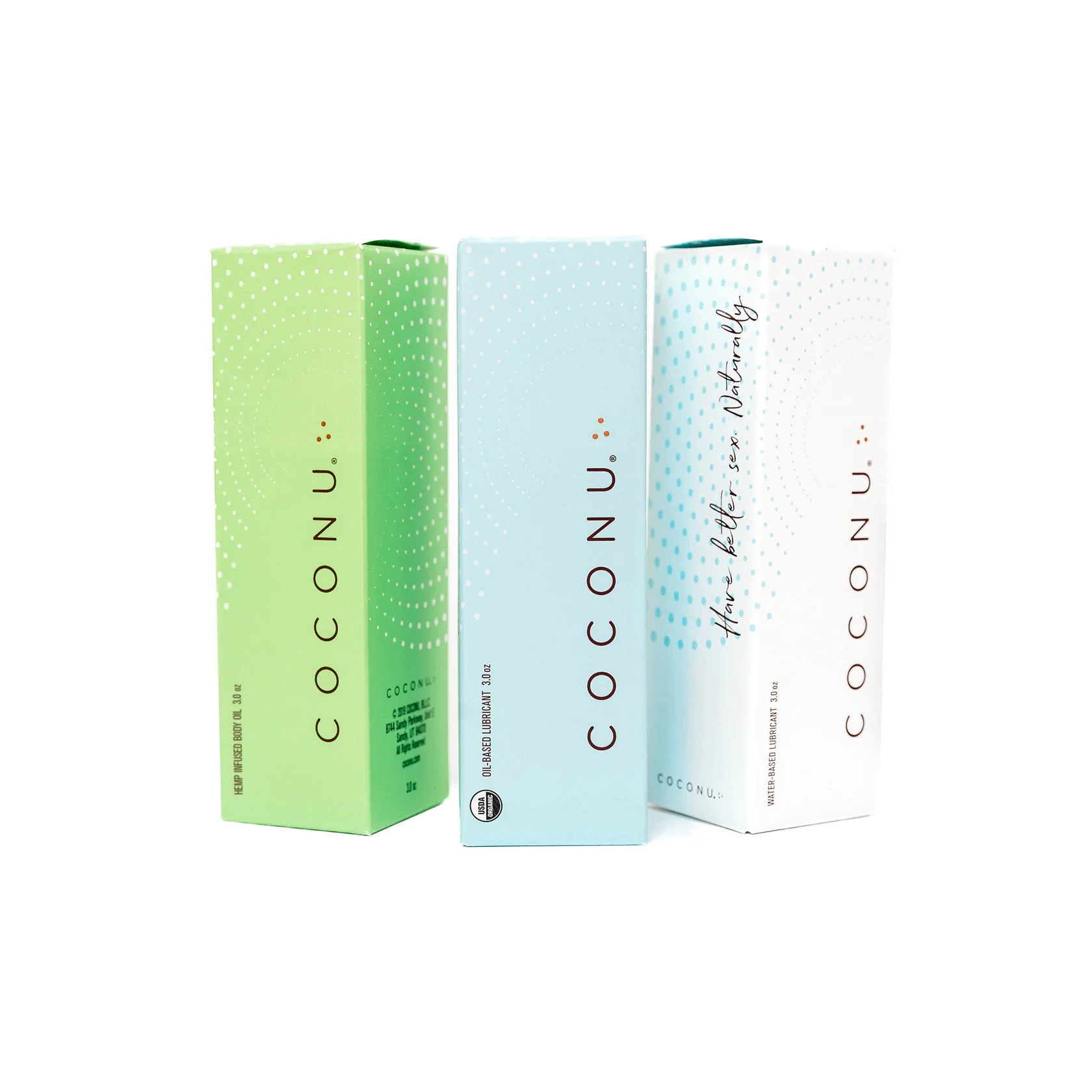 Coconu intimacy gift set is a box of three (white, blue, and green) clean personal lubricants and the best lube